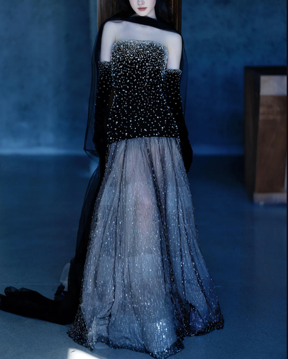 Gorgeous Black Strapless Tulle Beaded Mermaid Evening Dress Long Prom Dresses D1926