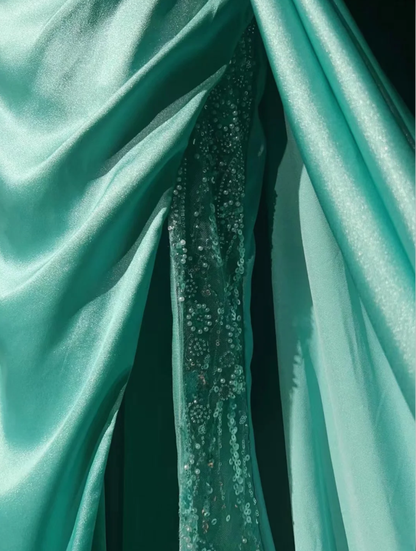Elegant Green Satin Beaded Mermaid Long Party Dress Prom Gown With Feathers SP1819
