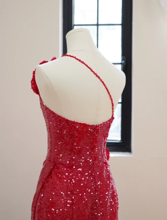 Sparkly Red One Shoulder Sequin Long Evening Dress Party Dress With 3D Flowers D2168
