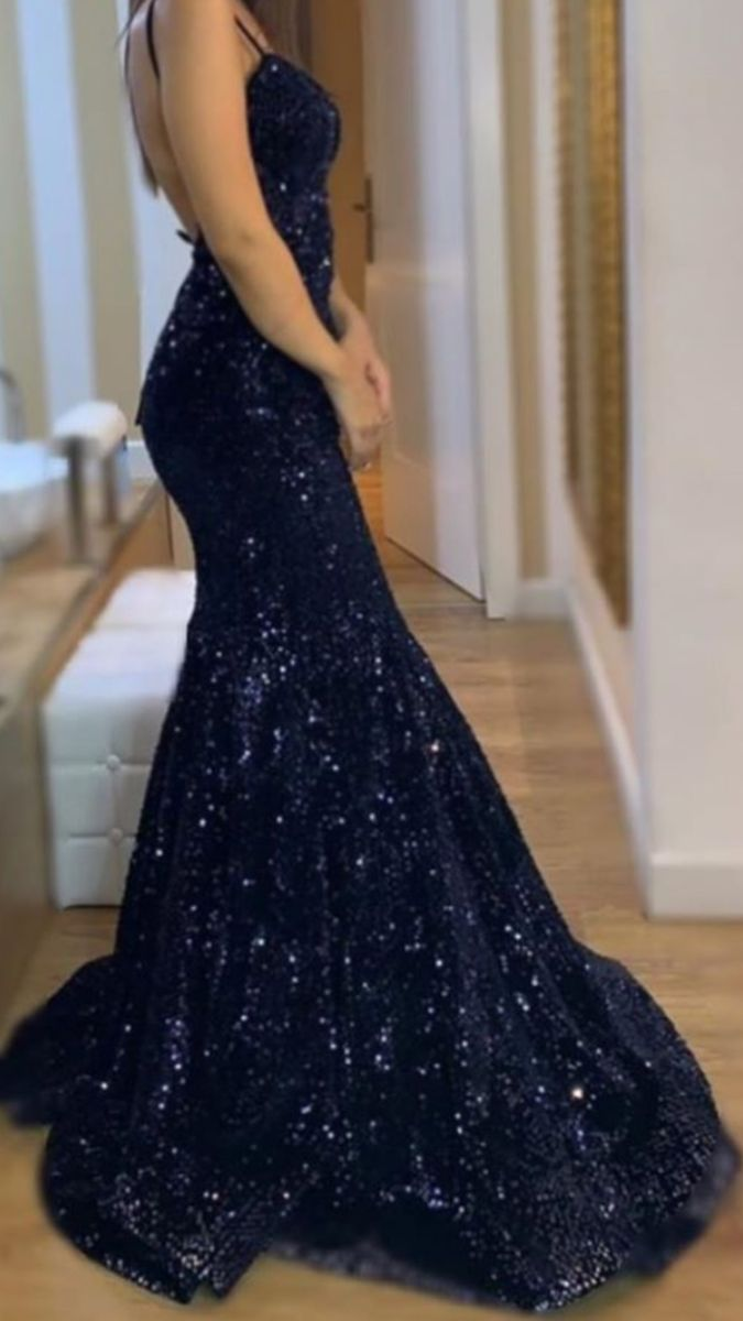 Sparkly Spaghetti Straps Navy Blue V Neck Sequin Mermaid Long Wedding Guest Dress Formal Evening Dress SP1323