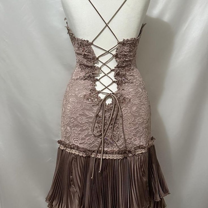 Brown Vintage Lace Beading Pleated Birthday Party Dress Short Homecoming Dress S346