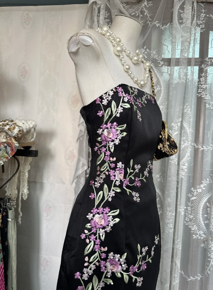 Vintage Black Strapless Satin Sheath Long Evening Dress Formal Birthday Party Gown