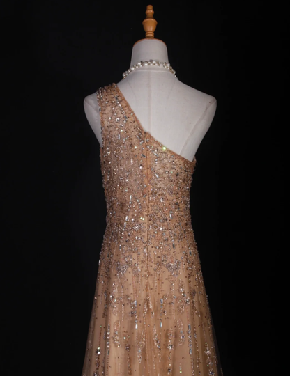 Luxury Champagne One Shoulder Tulle Sequin Beaded Mermaid Long Evening Dress 18th Birthday Outfits D2286