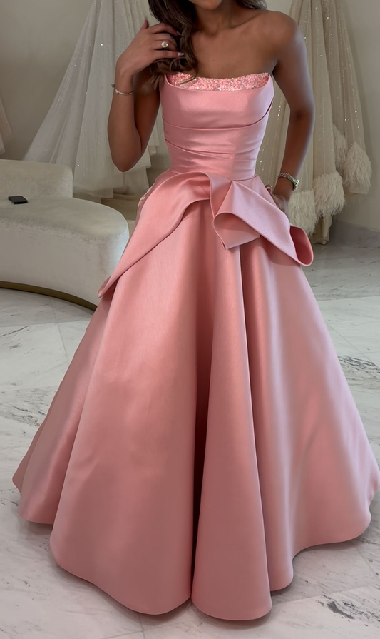 Classy Strapless Pink Satin Long Birthday Prom Dress Evening Dresses SP1295