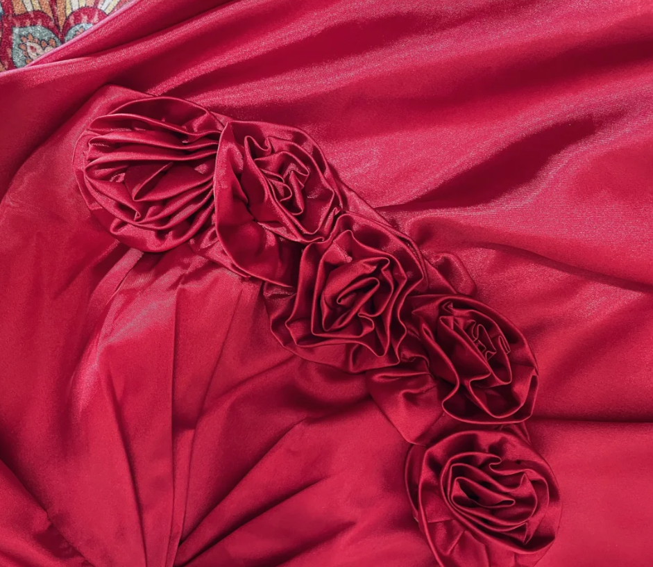 Fashion Red Strapless Satin A Line Long Wedding Guest dress Formal Evening Gown With 3D Flowers