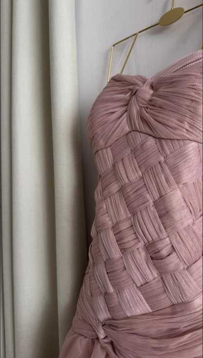 Pretty Pink Strapless Tulle Pleated Mermaid Evening Dress Long Birthday Party Dress D1603