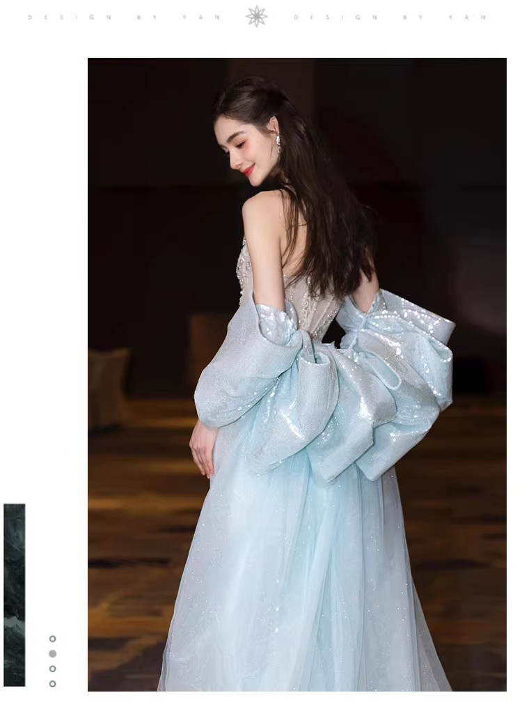 Glamorous Blue Strapless Tulle Sequin Beaded Mermaid Long Evening Dress Prom Dress D2216