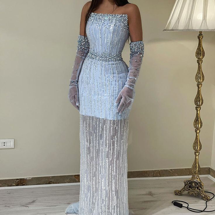 Light Blue Pearls Luxury Dubai Evening Dresses Elegant Strapless Formal Prom Gowns cc1181