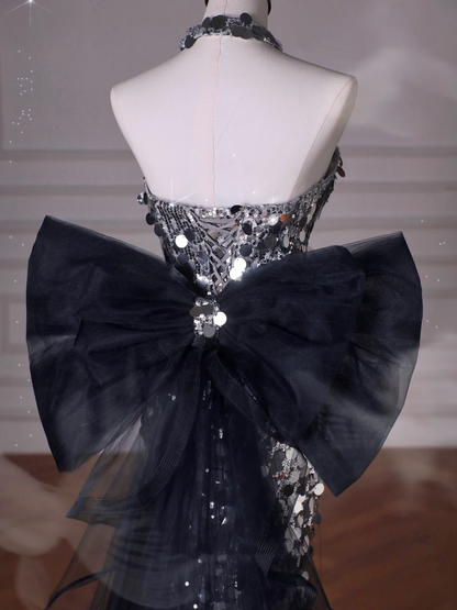 Black Glitter Sequins Tulle Mermaid Prom Dress,Strapless Evening Dress With Bow Y8615