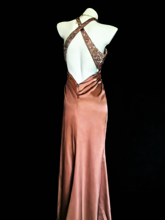 Fashion Halter Satin Sequin Mermaid Long Party Dress Backless Evening Dress D2163