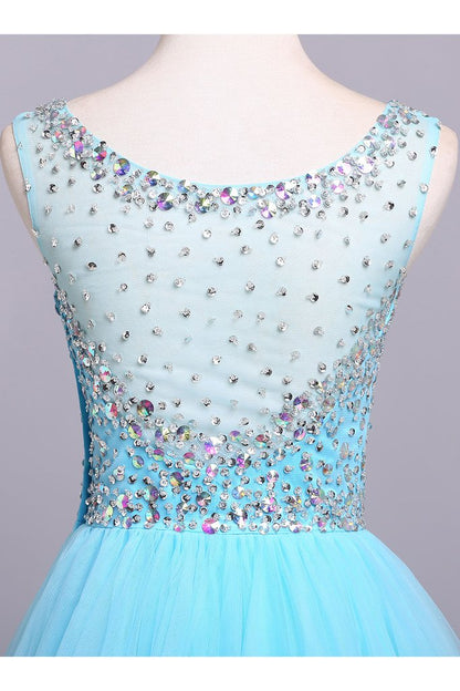 Blue Scoop Sleeveless Tulle Prom Dress with Sequins, Floor Length Puffy Evening Dress M1505