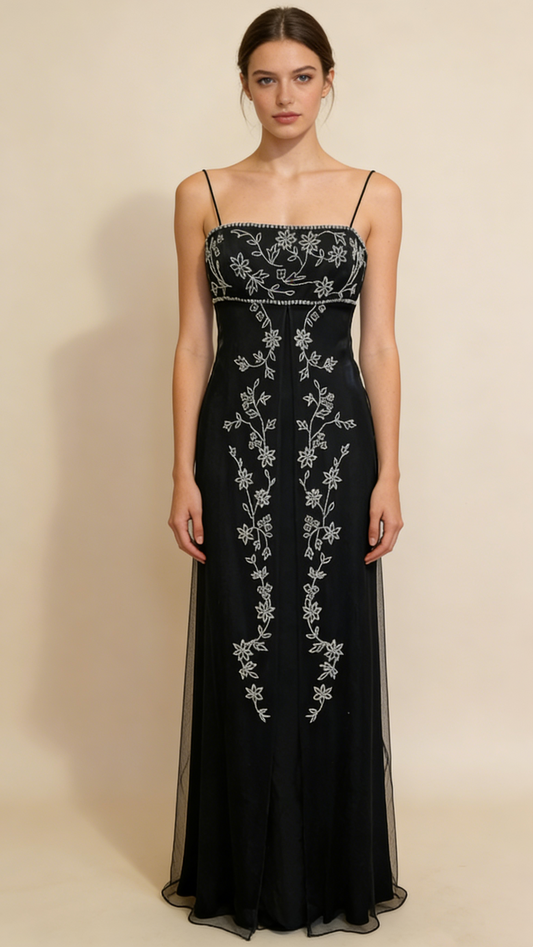 Black Spaghetti Straps A-Line Beading Vintage Long Evening Party Dress, D777