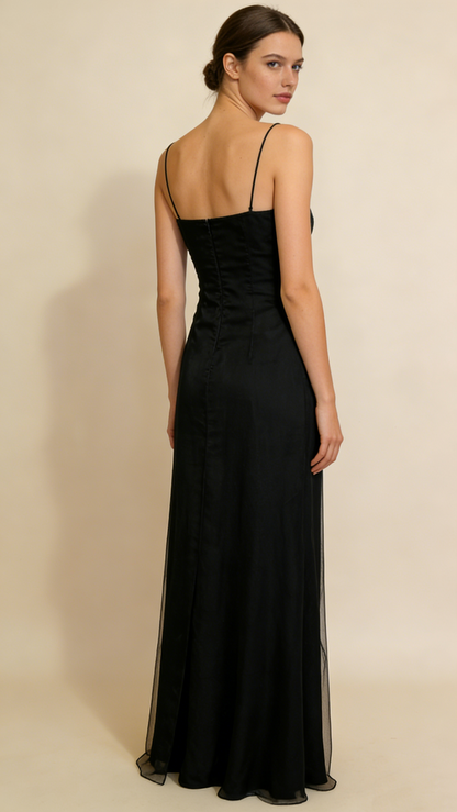 Black Spaghetti Straps A-Line Beading Vintage Long Evening Party Dress, D777