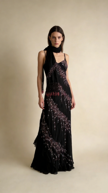 Black Spaghetti Straps Sheath Chiffon Beaded Vintage Long Evening Party Dresses, D1046
