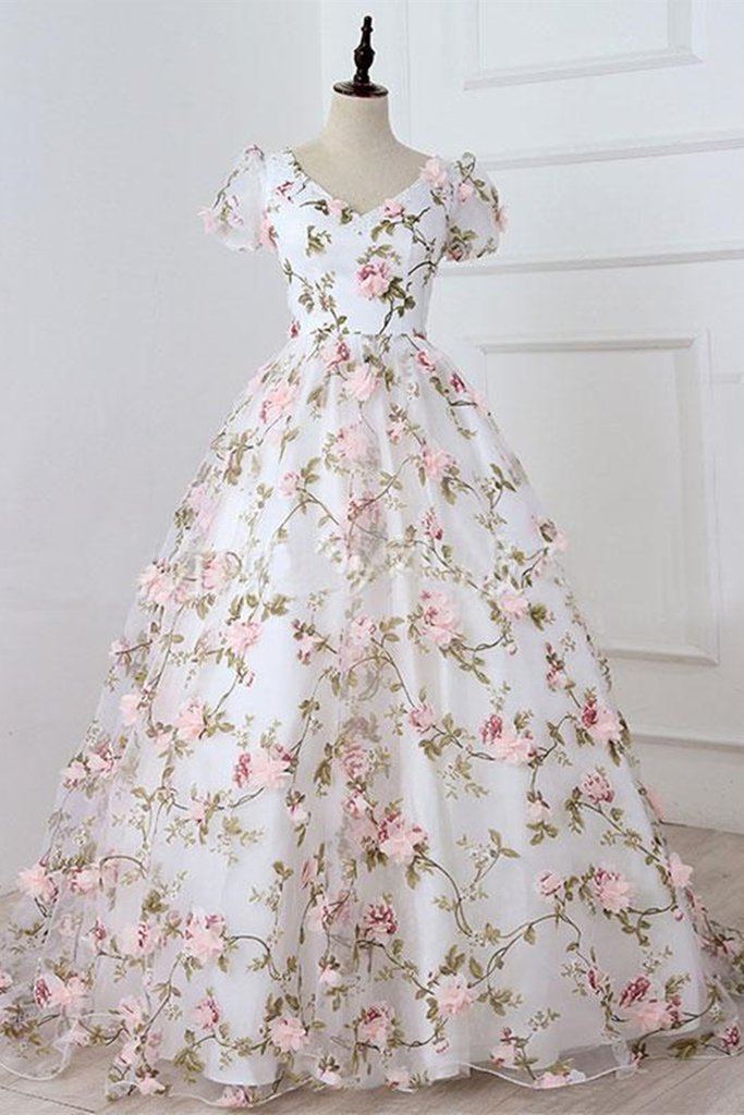 Short Sleeves V Neck Pink 3D Flower White Long Prom Dress, V Neck White Formal Evening Dress with Pink Appliques M2695