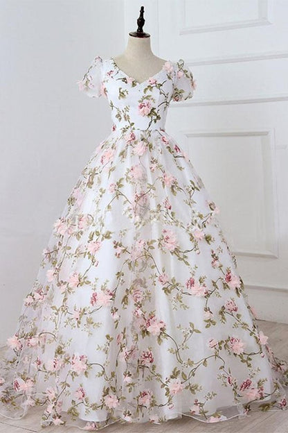 Short Sleeves V Neck Pink 3D Flower White Long Prom Dress, V Neck White Formal Evening Dress with Pink Appliques M2695