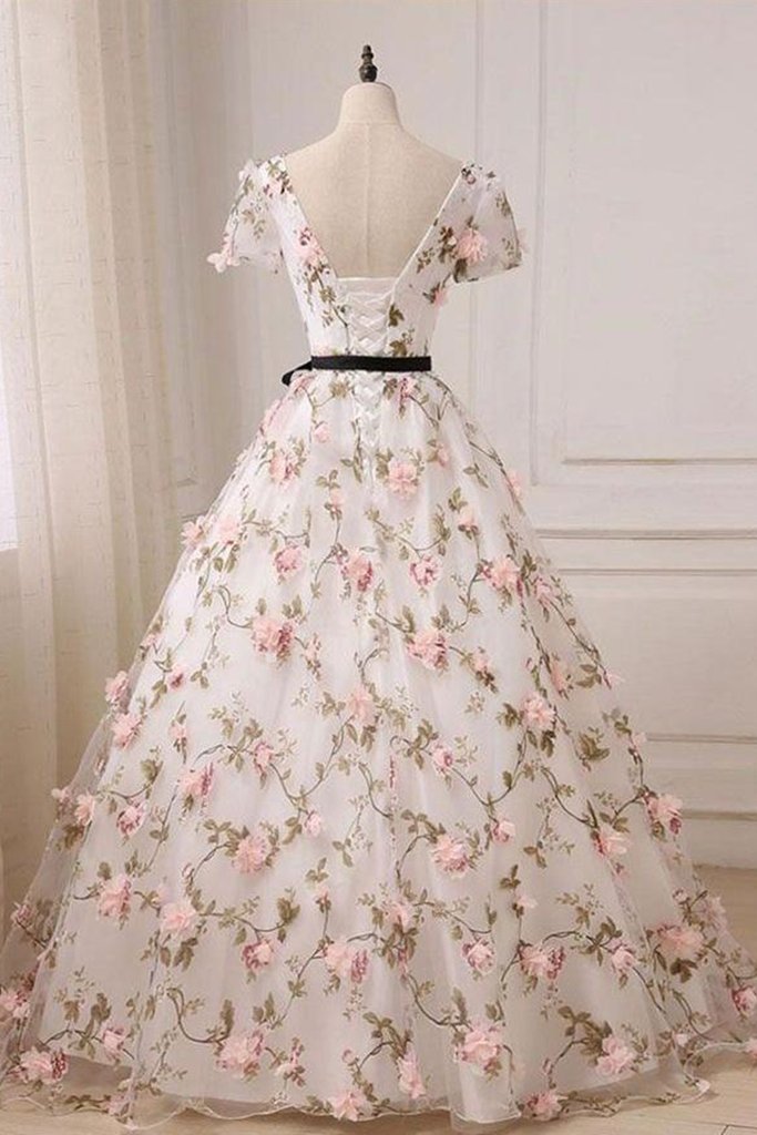 Short Sleeves V Neck Pink 3D Flower White Long Prom Dress, V Neck White Formal Evening Dress with Pink Appliques M2695