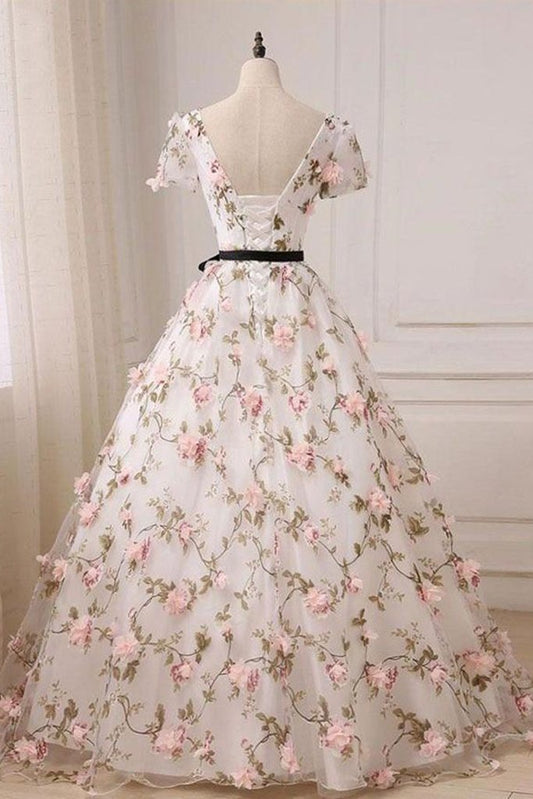 Short Sleeves V Neck Pink 3D Flower White Long Prom Dress, V Neck White Formal Evening Dress with Pink Appliques M2695