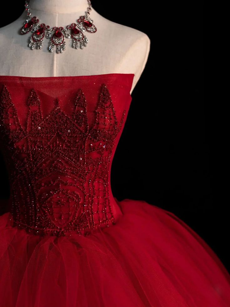Vintage Ball Gown Strapless Burgundy Tulle Evening Dress Prom Dress C1168