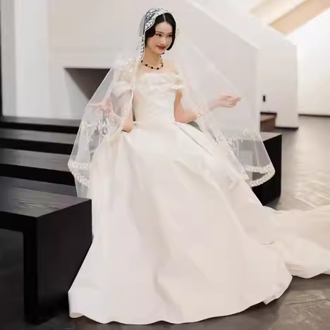 Simple Ball Gown Off The Shoulder Short Sleeves White Satin Wedding Dresses C143