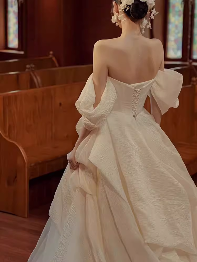 Chic Ball Gown Off The Shoulder White Wedding Dress With Short Sleeves C1461