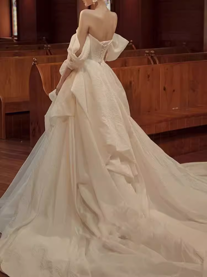 Chic Ball Gown Off The Shoulder White Wedding Dress With Short Sleeves C1461