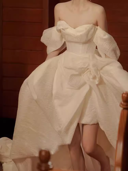 Chic Ball Gown Off The Shoulder White Wedding Dress With Short Sleeves C1461