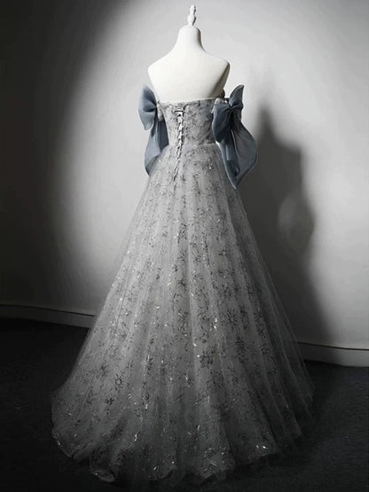 Elegant Ball Gown Strapless Gray Blue Sequin Long Prom Dresses C1645