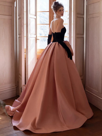 Modest Ball Gown Strapless Pink Prom Dress With Bow Long Evening Dresses C1652