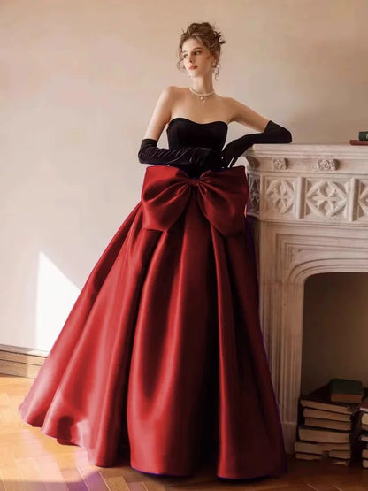Modest Ball Gown Strapless Burgundy Prom Dress With Bow Long Prom Dresses C1656