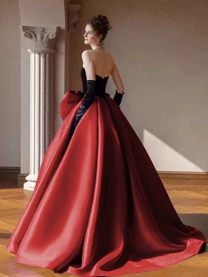 Modest Ball Gown Strapless Burgundy Prom Dress With Bow Long Prom Dresses C1656
