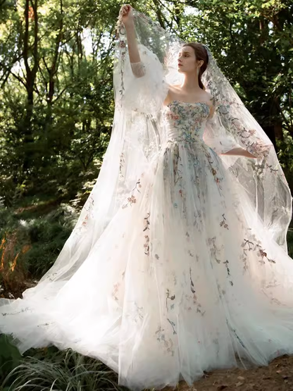 Luxury Ball Gown Off The Shoulder Short Sleeves Flowers Lace Wedding Dress C173