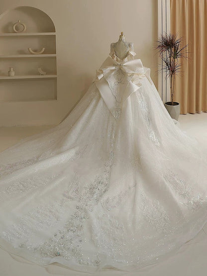 Unique Ball Gown High Neckline Sequin Lace Long White Wedding Dresses C1787