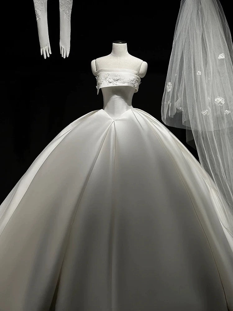 Simple Ball Gown Strapless Satin Long White Wedding Dresses With Lace C1789