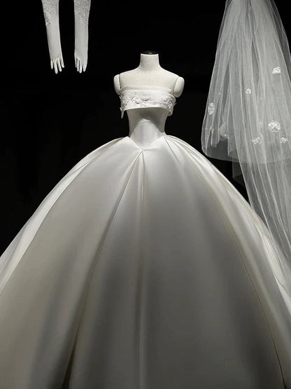 Simple Ball Gown Strapless Satin Long White Wedding Dresses With Lace C1789