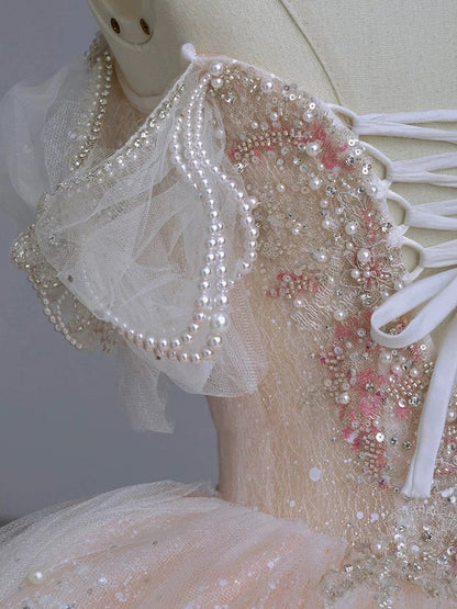 Dreamy Ball Gown Off The Shoulder Pink Lace Long Wedding Dresses With Beads C1790