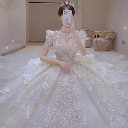 Dreamy Ball Gown Scoop Neckline White Lace Long Wedding Dresses With Beads C1792