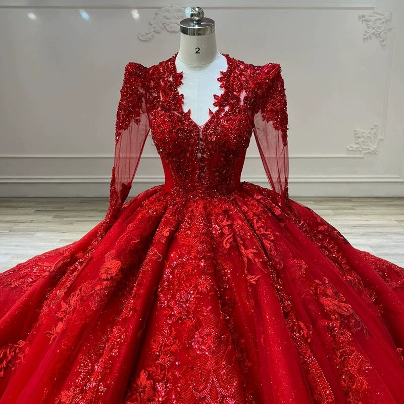 Dreamy Ball Gown V Neckline Red Long Sleeves Lace Long Wedding Dresses With Beads C1793
