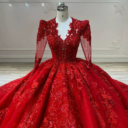 Dreamy Ball Gown V Neckline Red Long Sleeves Lace Long Wedding Dresses With Beads C1793