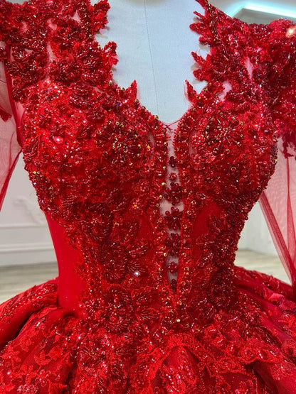 Dreamy Ball Gown V Neckline Red Long Sleeves Lace Long Wedding Dresses With Beads C1793