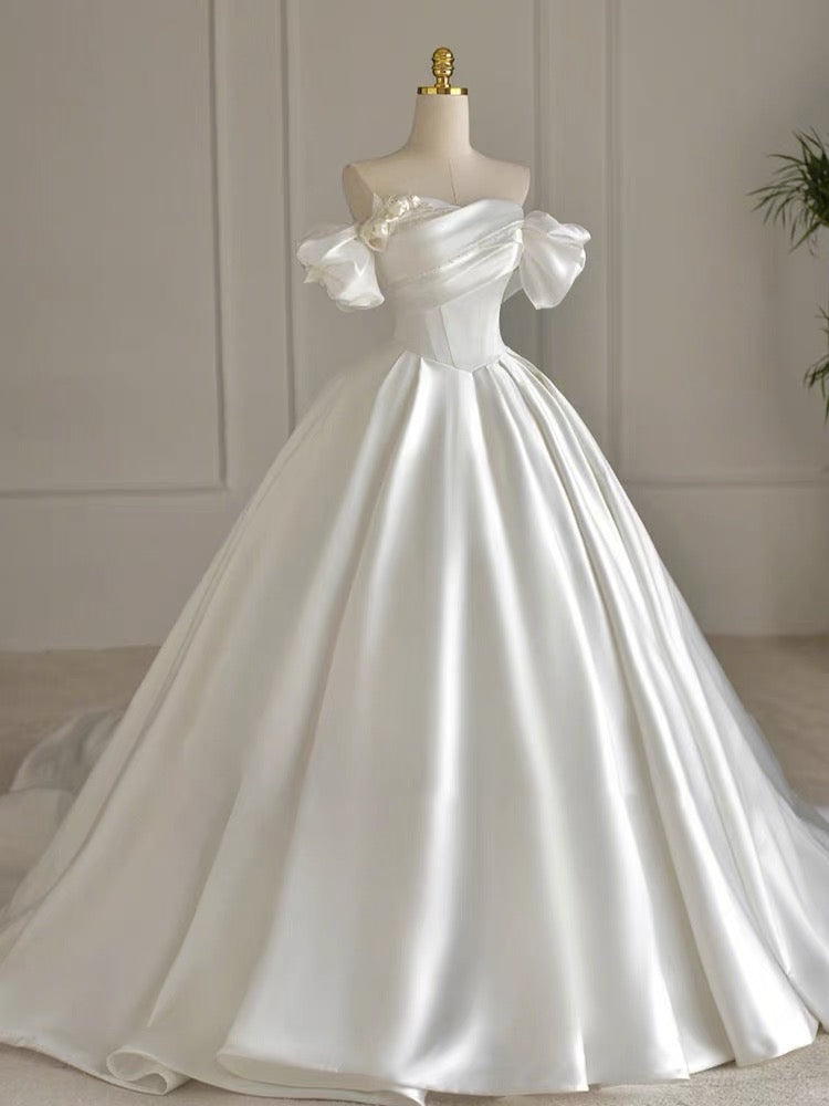 Simple Ball Gown Off The Shoulder White Long Lace Wedding Dresses With Beads C1794