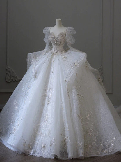 Dreamy Ball Gown Sweetheart Long Sleeves White Lace Wedding Dresses With Beads C1795