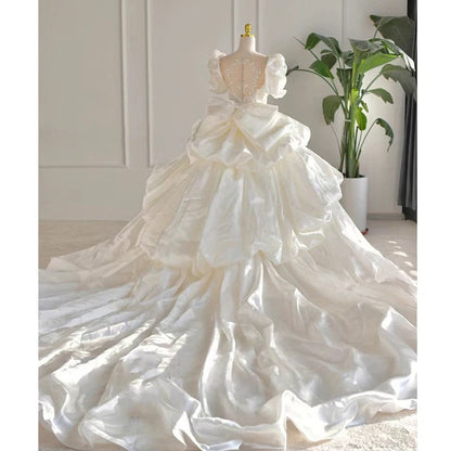 Dreamy Ball Gown High Neckline Short Sleeves White Lace Wedding Dresses With Beads C1796