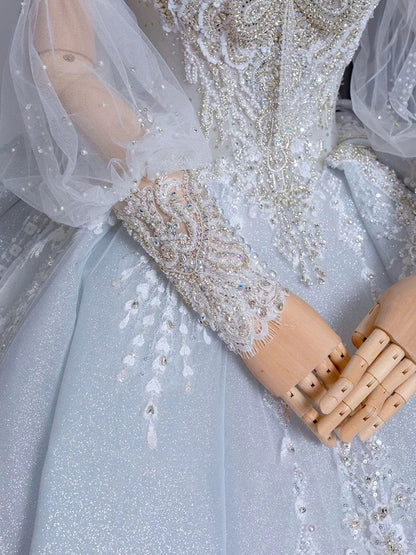 Dreamy Ball Gown Sweetheart Long Puffy Sleeves Lace Wedding Dresses With Beads C1798