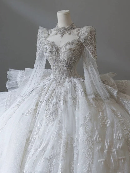 Dreamy Ball Gown Sweetheart Long Sleeves White Lace Wedding Dresses With Beads C1801