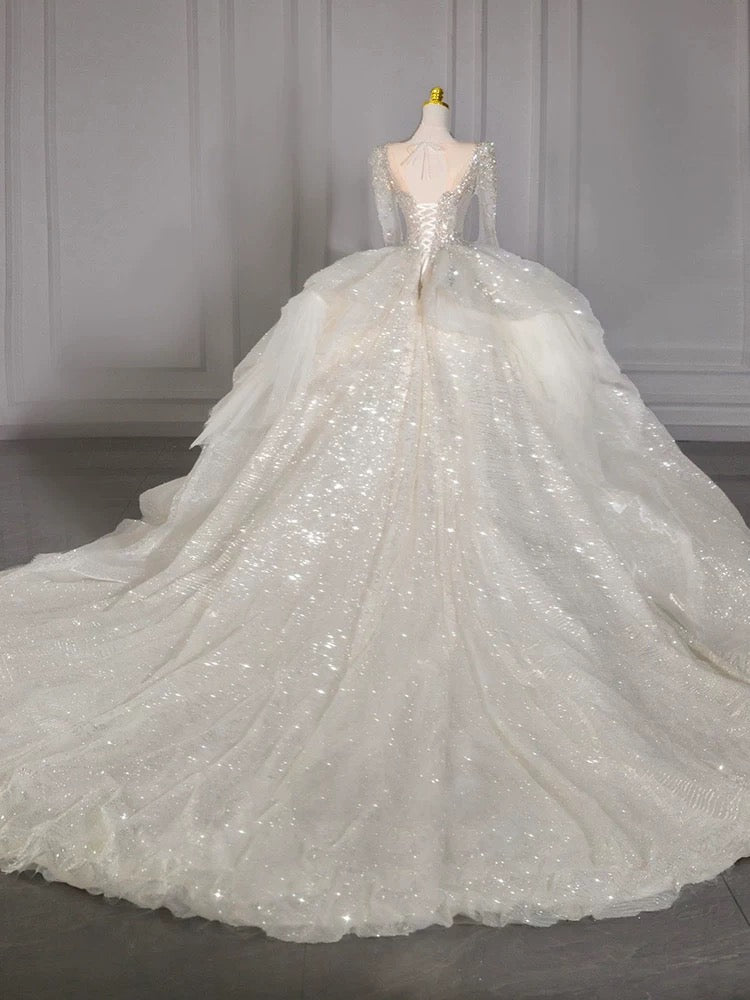 Dreamy Ball Gown Square Neckline Sequin White Long Sleeves Wedding Dresses With Beads C1805