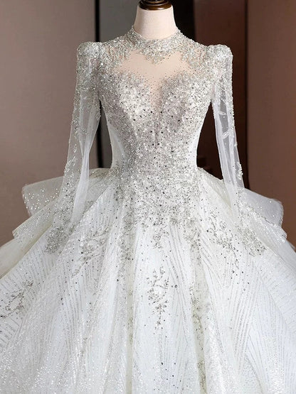 Dreamy Ball Gown High Neckline Sequin White Long Sleeves Wedding Dresses With Beads C1806
