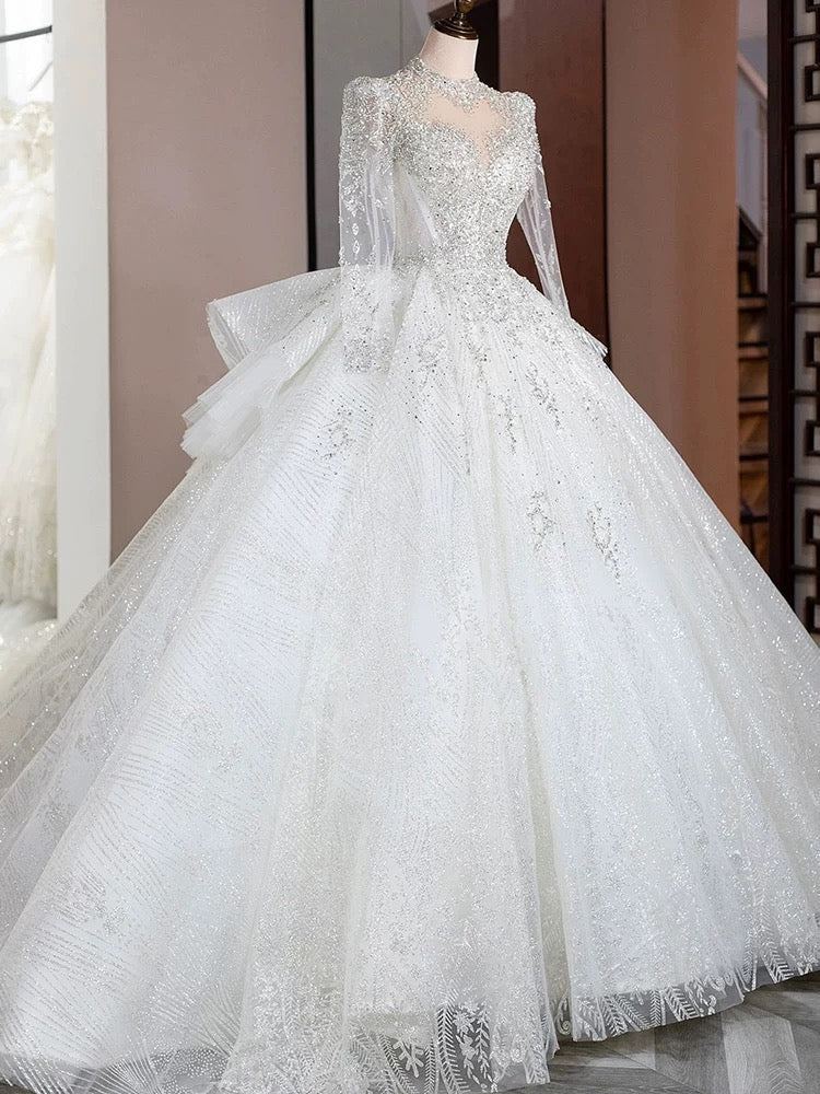 Dreamy Ball Gown High Neckline Sequin White Long Sleeves Wedding Dresses With Beads C1806