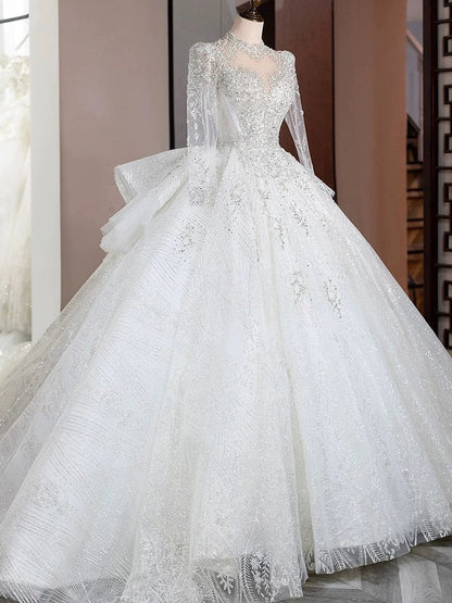 Dreamy Ball Gown High Neckline Sequin White Long Sleeves Wedding Dresses With Beads C1806