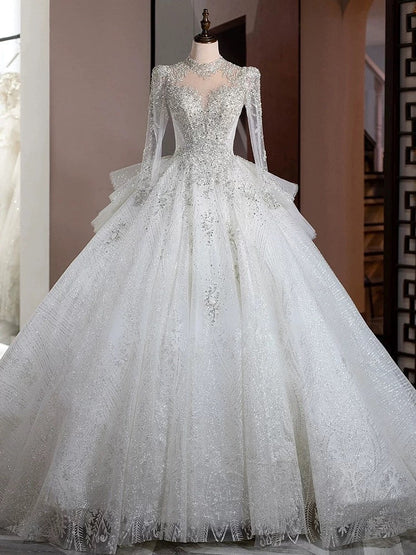 Dreamy Ball Gown High Neckline Sequin White Long Sleeves Wedding Dresses With Beads C1806